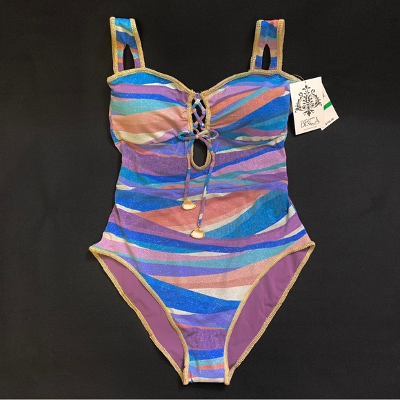 BECCA Other - BECCA Kylam LG Bandeau Lace Up One Piece Swimsuit w/ Open Back & Cutout Straps
